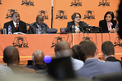 National head of the Directorate for Priority Crime Investigation Lt. General Godfrey Lebeya and the National Director of Public Prosecution Adv. Shamila Batohi, far right, addressing a briefing on the VBS after eight arrests during operations in Gauteng and Limpopo.